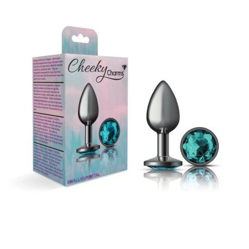 Cheeky Charms Gunmetal Round Butt Plug With Teal Jewel - - Butt Plugs