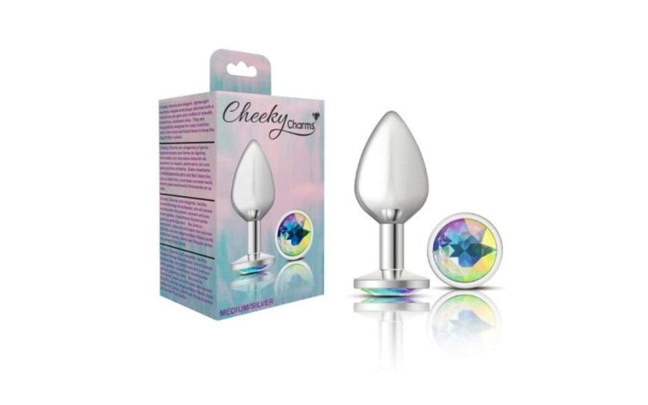 Cheeky Charms Silver Round Butt Plug With Clear Iridescent Jewel - - Butt Plugs