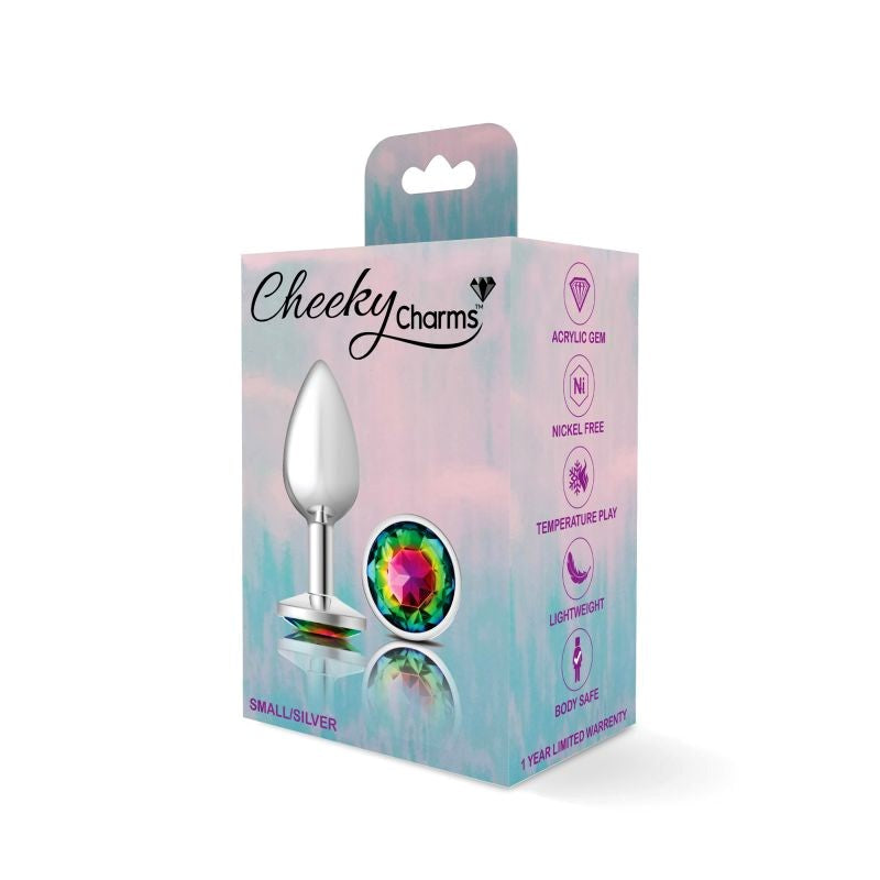 Cheeky Charms Silver Round Butt Plug With Rainbow Jewel - - Butt Plugs