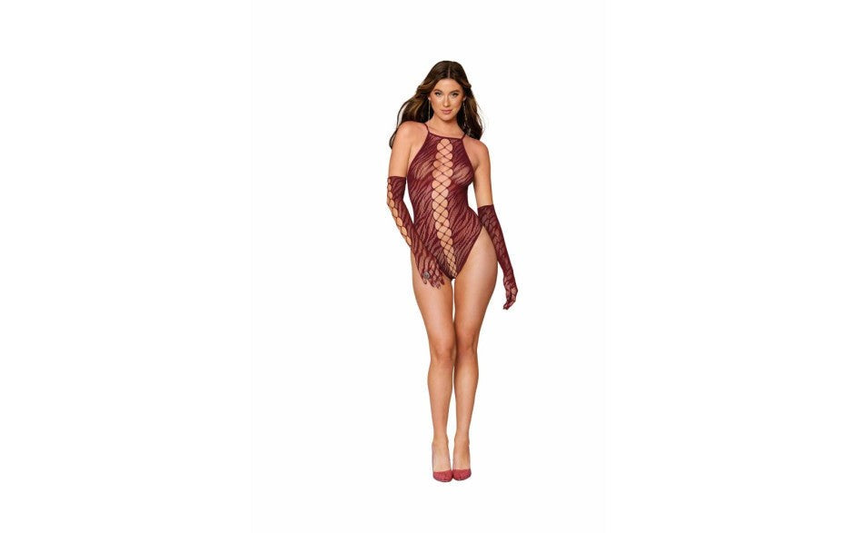 Dreamgirl Womens Teddy With Gloves Burgundy - - Teddies and Bodysuits