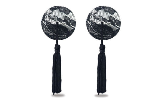 Lovetoy Reusable Black Lace Round Tassel Nipple Pasties - Breast and Nipple Toys