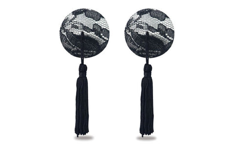 Lovetoy Reusable Black Lace Round Tassel Nipple Pasties - Breast and Nipple Toys