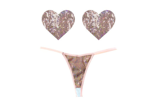 Neva Nude Bubbly Feels Nude Sequin Pantie & Heart Shapes Pastie Set - G-Strings, Panties and Shorts