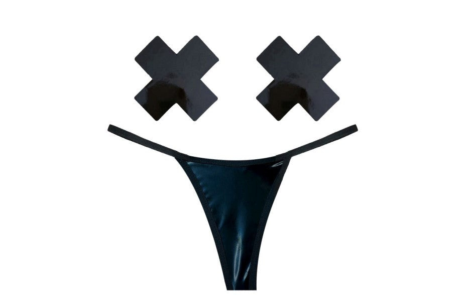 Neva Nude Dom Squad Black Wet Vinyl Pastie & G String Set - - G-Strings, Panties and Shorts