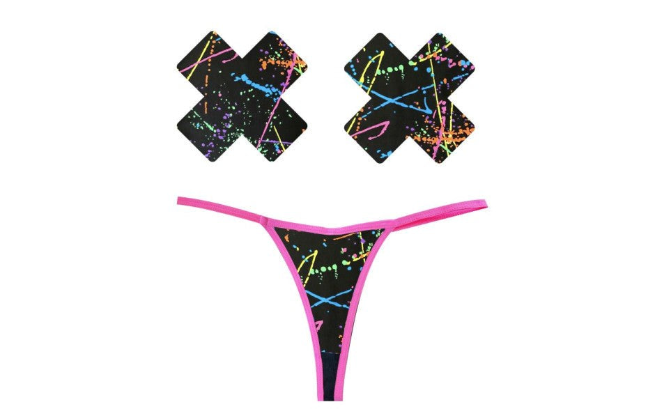 Neva Nude Graffiti Neon Womens G String & X Pastie Set - - G-Strings, Panties and Shorts