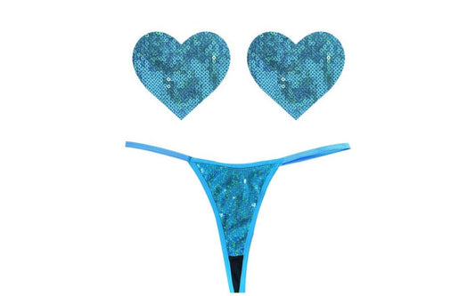 Neva Nude Mahi Mahi Blue Sequin G String & Heart Shapes Pastie Set - G-Strings, Panties and Shorts
