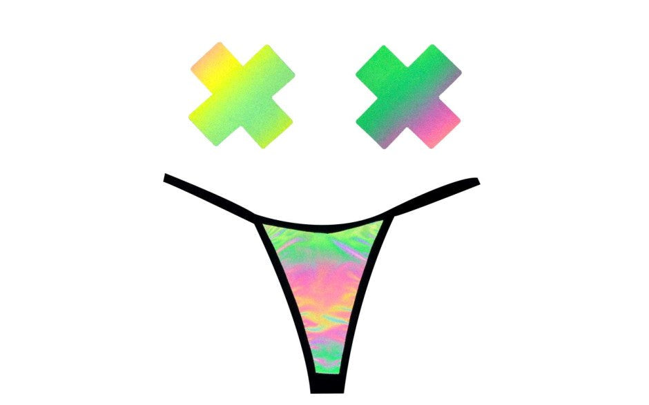 Neva Nude Rainbow Reflective G String & X Pastie Set - - G-Strings, Panties and Shorts