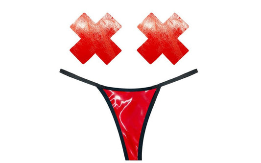 Neva Nude Vixen Red Wet Vinyl Womens Pastie & G String Set - G-Strings, Panties and Shorts