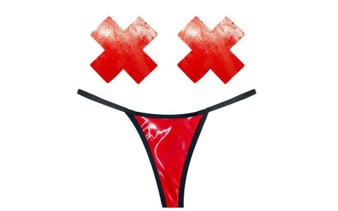 Neva Nude Vixen Red Wet Vinyl Womens Pastie & G String Set - G-Strings, Panties and Shorts