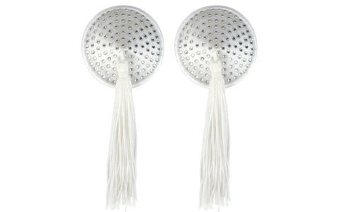 Peekaboo White Satin With White Stone & Tassel Pasties White - Fancy Dress Ups