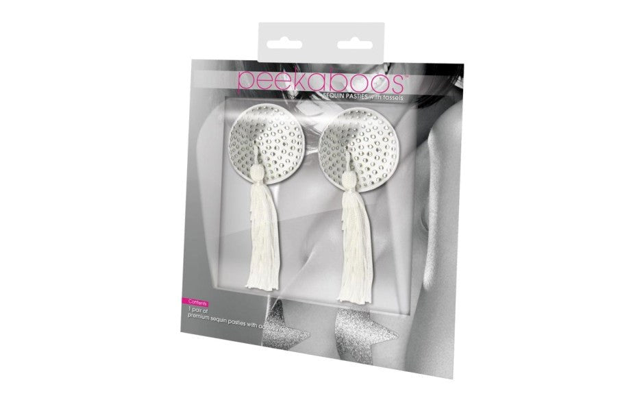 Peekaboo White Satin With White Stone & Tassel Pasties White - - Fancy Dress Ups