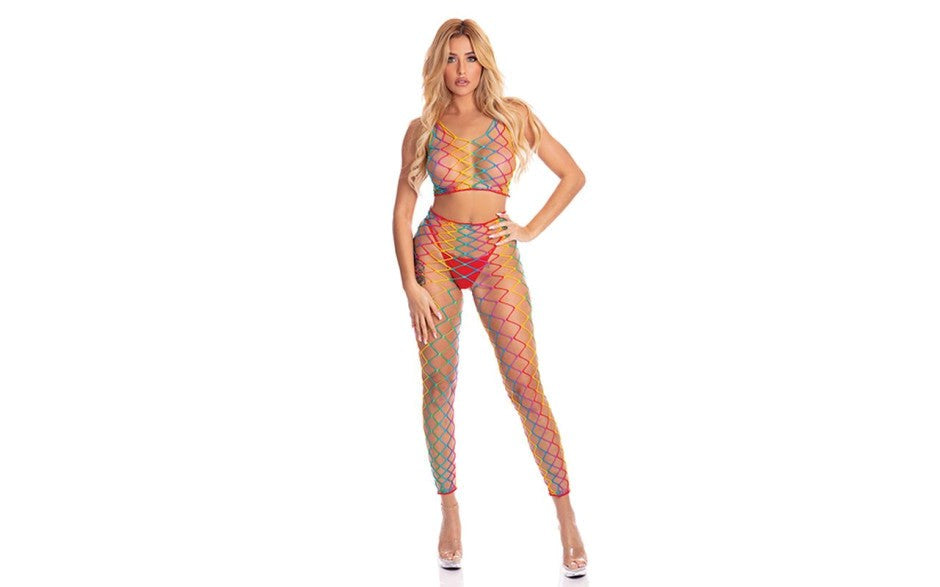 Pink Lipstick 2 Piece Womens Body Stocking One Size Rainbow - - Body Stockings