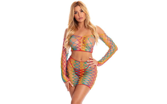 Pink Lipstick Pot of Gold 2 Piece Fishnet Skirt Set One Size Rainbow - Skirts And Club Wear