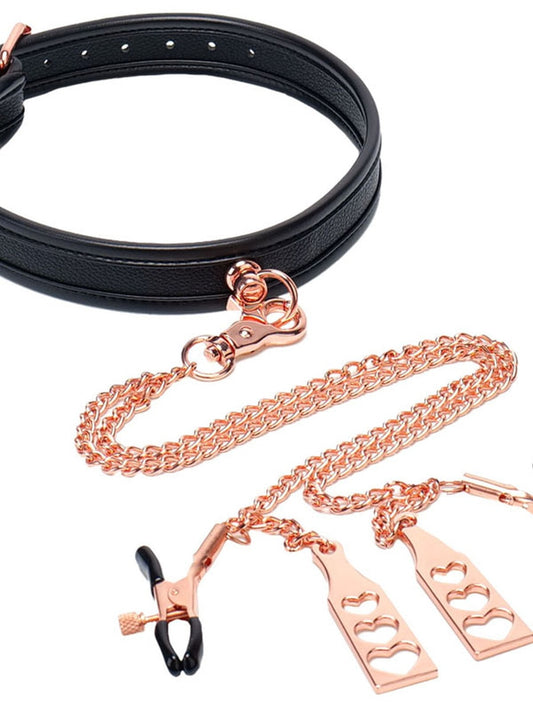 BMS Factory Punishment Rose Gold Choker and Nipple Clamps - Collars and Leads