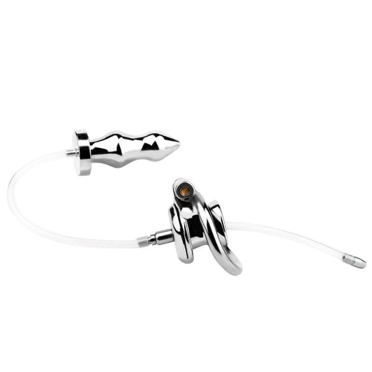 BDStyle Stainless Steel Male Chastity Cage With Enema Butt Plug Medium - Male Chastity