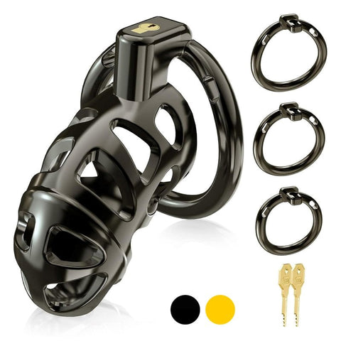 BDStyle Black Mens Chastity Cage Locked with 3 Active Sizes Rings - Male Chastity