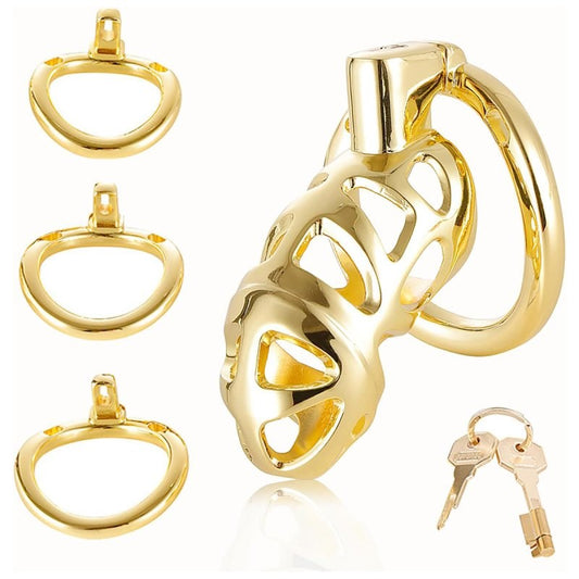 BDStyle Gold Chastity Cage Locked with 3 Active Sizes Rings - Male Chastity