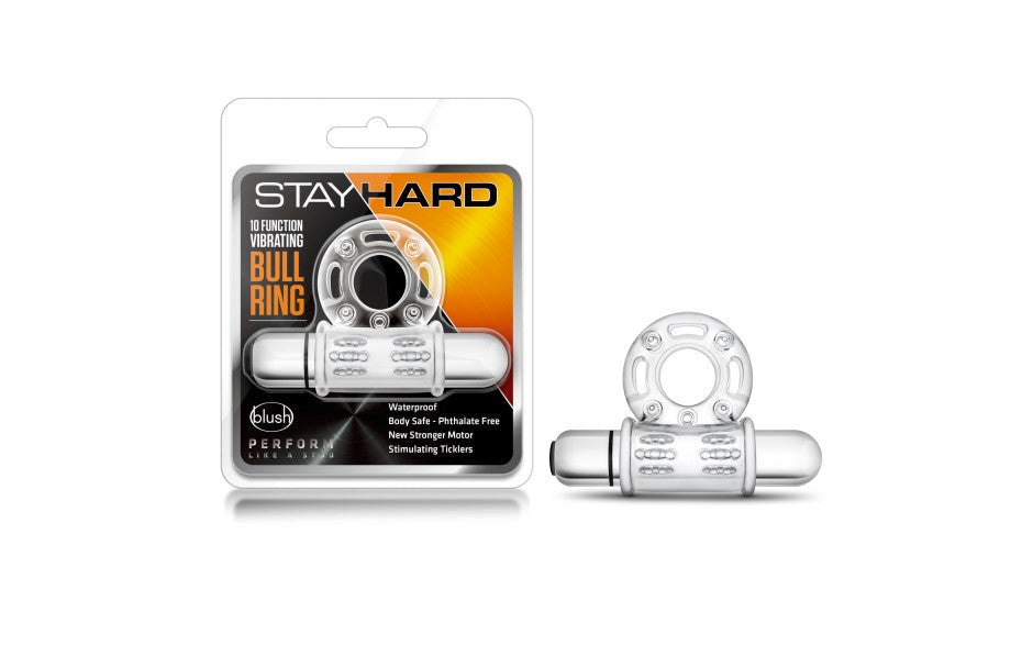 Stay Hard 10 Function Vibrating Mega Bull Penis Ring Clear - Vibrating Cock Rings