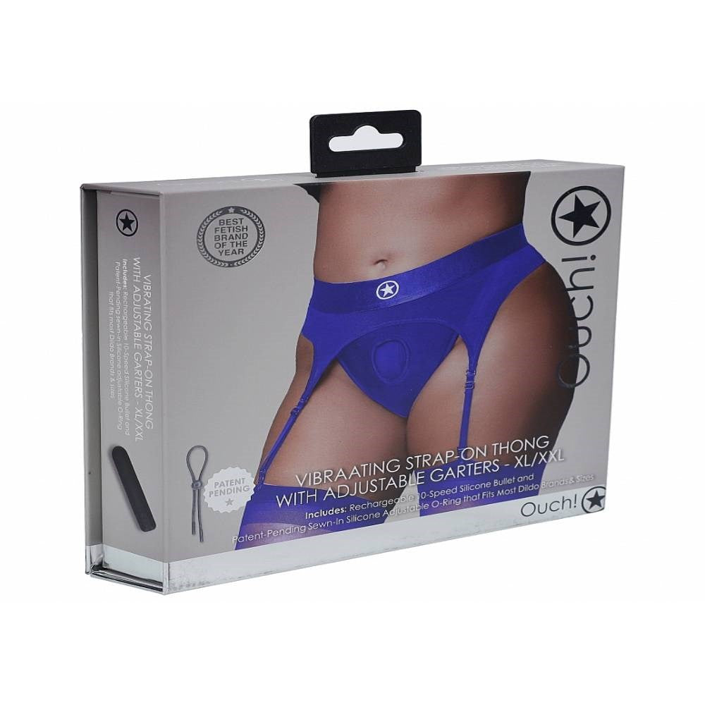 Ouch! Vibrating Strap-on Thong with Adjustable Garters Royal Blue - Strap On Sextoys
