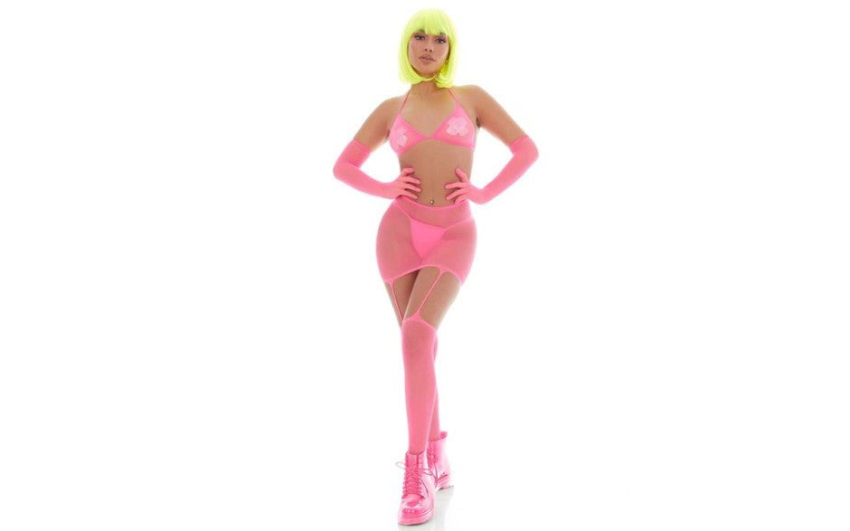 Pink Lipstick Mesh Womens Bling Ring Set With Pasties Pink - - Teddies and Bodysuits