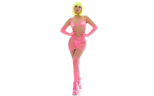 Pink Lipstick Mesh Womens Bling Ring Set With Pasties Pink - Teddies and Bodysuits