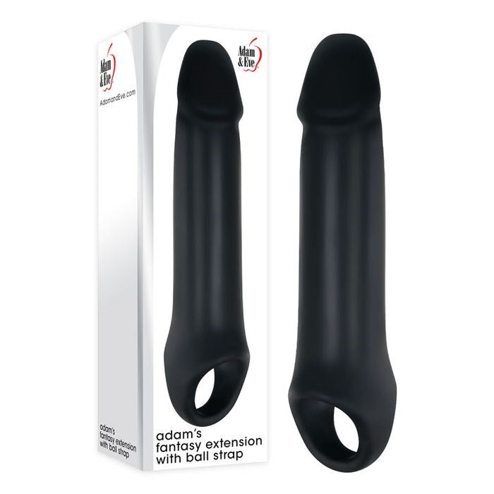 Adam And Eve Adams Fantasy Penis Extension Sleeve With Ball Strap Black - Penis Sleeves and Extenders