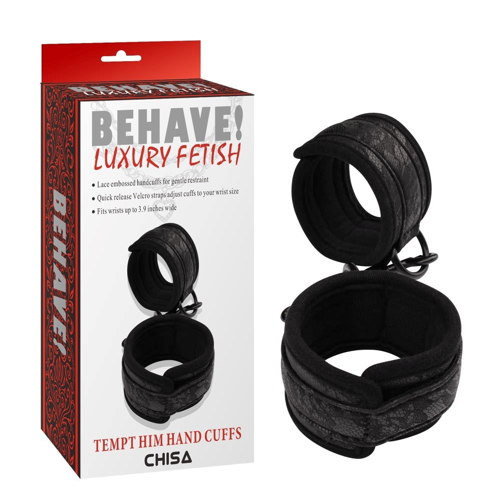 Behave Tempt Him Bondage Play Hand Cuffs Black - - Cuffs And Restraints