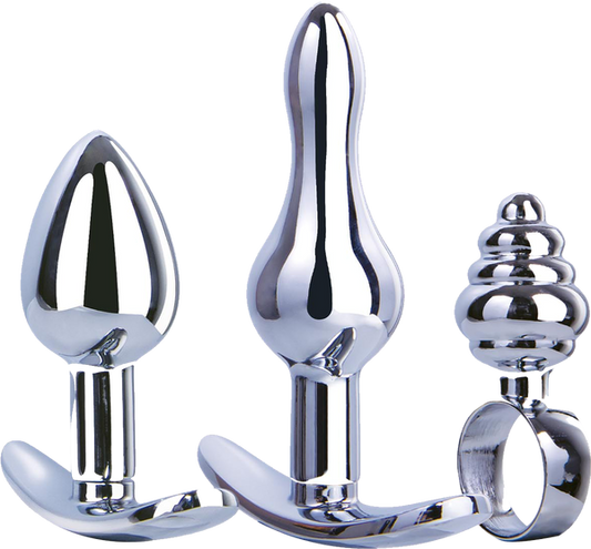 Hardware Gear T Bar Base 3 In 1 Metal Butt Plug Kit Set Chrome - Butt Plugs