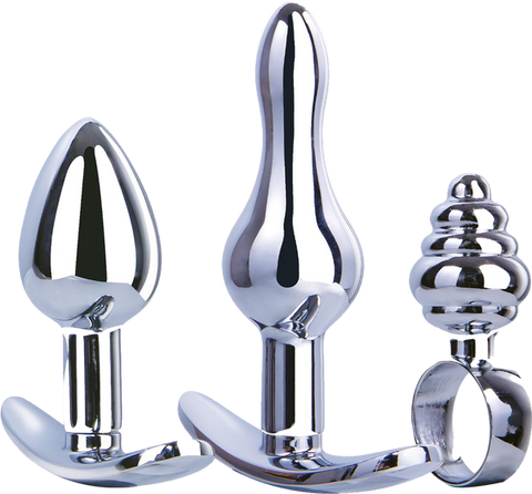 Hardware Gear T Bar Base 3 In 1 Metal Butt Plug Kit Set Chrome - Butt Plugs