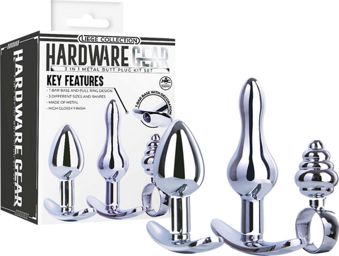 Hardware Gear T Bar Base 3 In 1 Metal Butt Plug Kit Set Chrome - Butt Plugs
