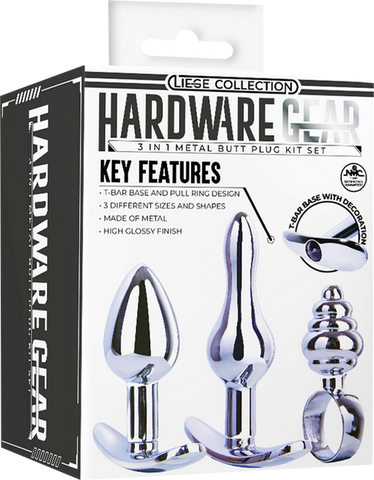 Hardware Gear T Bar Base 3 In 1 Metal Butt Plug Kit Set Chrome - Butt Plugs