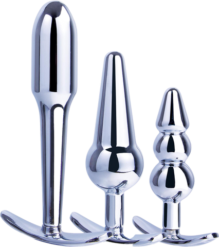 Hardware Gear 3 In 1 Metal Butt Plug Kit Set With Pull Ring Design Chrome - Butt Plugs