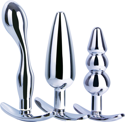 Hardware Gear 3 in 1 High Glossy Finish Metal Butt Plug Kit Set Chrome - Butt Plugs