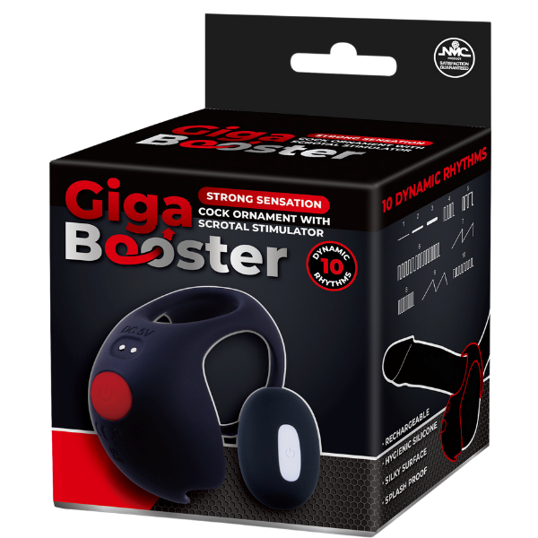 Giga Booster Rechargeable Cock Ornament with Scrotal Stimulator Black - - Vibrating Cock Rings