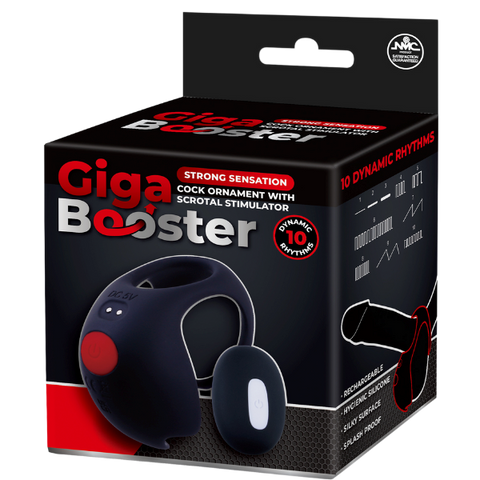 Giga Booster Rechargeable Cock Ornament with Scrotal Stimulator Black - Vibrating Cock Rings