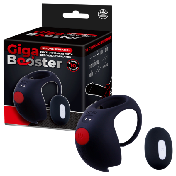 Giga Booster Rechargeable Cock Ornament with Scrotal Stimulator Black - - Vibrating Cock Rings