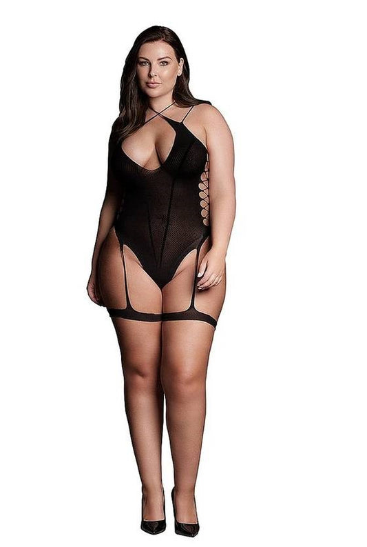 Le Desir Shade Metis XVI Womens Bodysuit with Garters and Crossed Neckline Black - Teddies and Bodysuits