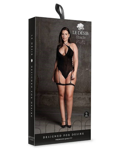 Le Desir Shade Metis XVI Womens Bodysuit with Garters and Crossed Neckline Black - Teddies and Bodysuits