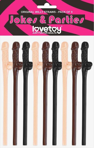 Lovetoy Willy Penis Shape Straws 9 Pack Flesh / Brown / Black - Party Gifts and Novelties