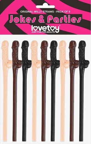 Lovetoy Willy Penis Shape Straws 9 Pack Flesh / Brown / Black - Party Gifts and Novelties