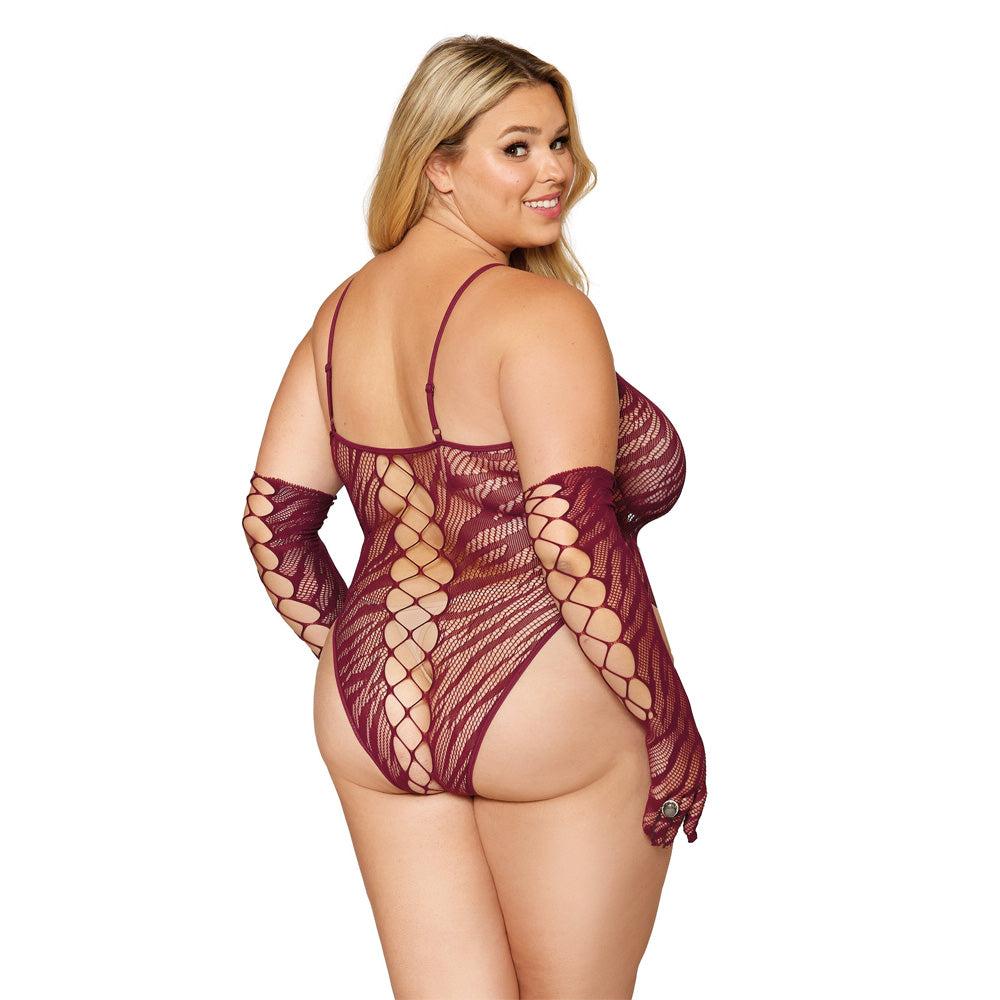 Dreamgirl Seamless Zebra Fishnet Teddy and Glove Set Quee - Teddies and Bodysuits