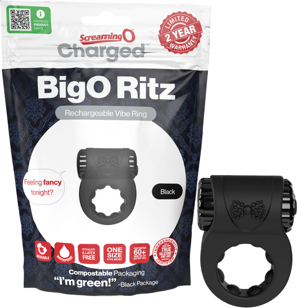 Charged BigO Ritz Rechargeable Vibrating Mens Cock Ring Black - - Vibrating Cock Rings