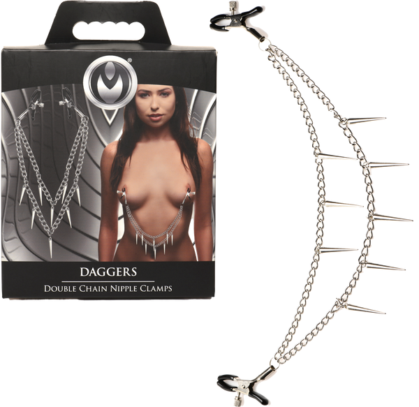 Master Series Daggers Double Chain Fetish Play Nipple Clamps - Nipple and Clit Clamps