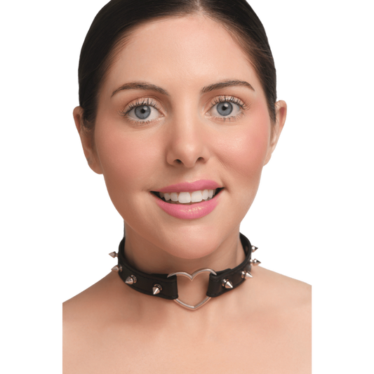 Master Series Spiked Heart Bondage Choker Black - Collars and Leads