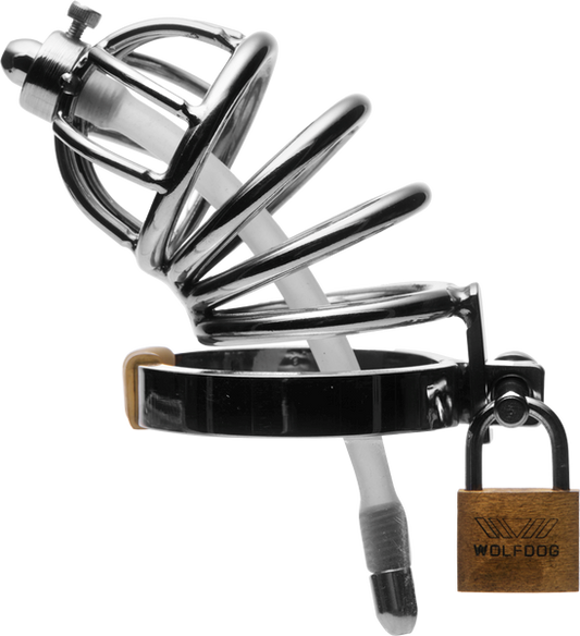 Master Series Stainless Steel Chastity Cage With Silicone Urethral Plug - Male Chastity