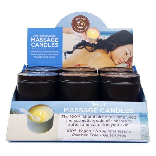 Earthly Body Hemp Seed 3-In-1 Massage Adult Candle Counter Display of 12 with Tester - Sex Pheromones and Perfumes