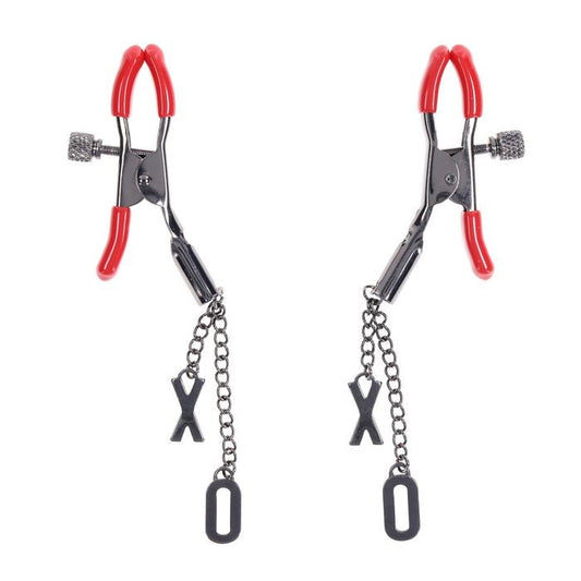 Sportsheets S&M Exs & Ohs Tipped Metal Nipple Clamps Red - Nipple and Clit Clamps