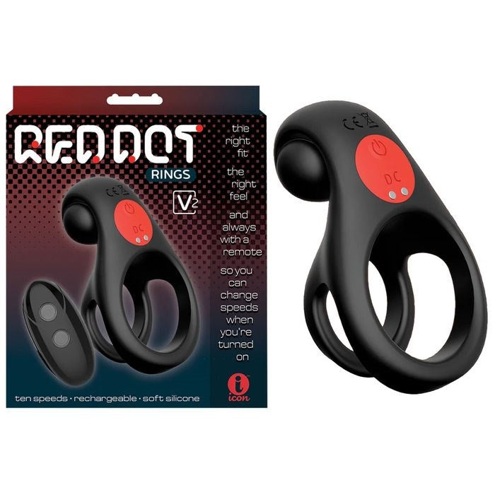 Icon Brands Red Dot V2 Vibrating Cock and Ball Ring Black - - Vibrating Cock Rings