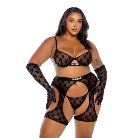 Playboy Flocked Bunny Chaps 3 Piece Lingerie Set Black - Bras and Bra Sets