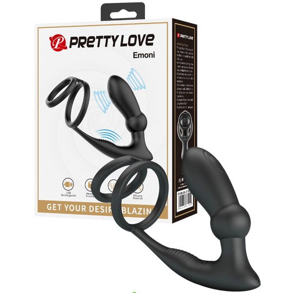 Pretty Love Emoni Vibrating Cock Ring With Butt Plug Black - Vibrating Cock Rings